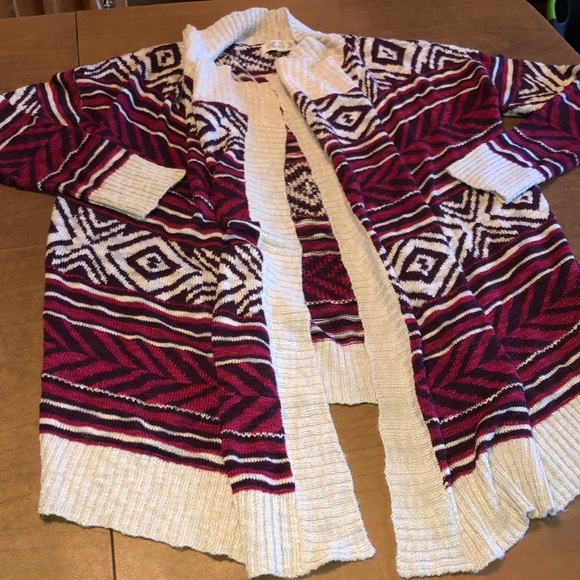 PINK ROSE Red Tan Open Drape Open Front Sweater L - Picture 1 of 8